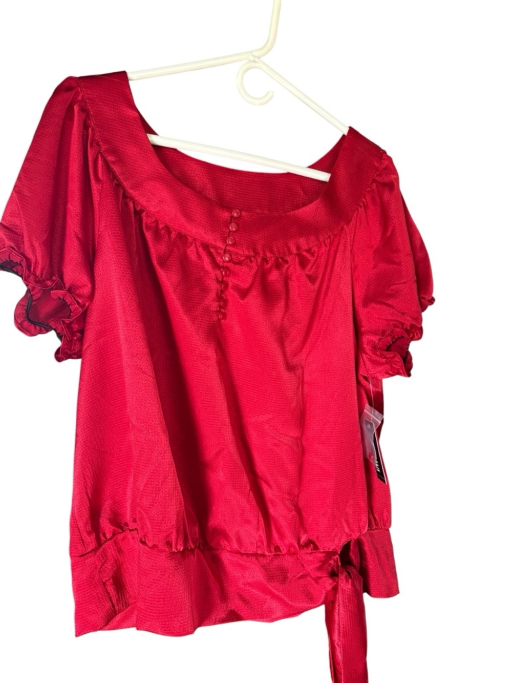 a.n.a Red Puff Sleeve Satin Blouse with Tie-Waist